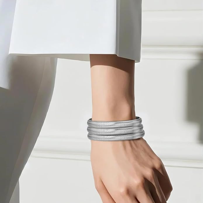Emibele Gold Bangles Bracelet Set for Women, 18K Gold Plated Chunky Stainless Steel Non Tarnish Stretch Bracelet Stack, Flexible Wide Wristband Bangle Layered Snake Chain Bracelets