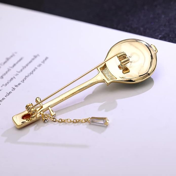 14K Gold Pipa-Shaped Brooch with Moissanite Accents - Elegant Chinoiserie Handcrafted Jewelry, Unique Shawl Pin for Women, Ideal Gift for Birthdays and Special Events