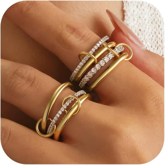 FUSAHURIY 2PCS Gold Stackable Rings Set for Women, 14K Gold Plated Interlocking Linked Rings with Cubic Zirconia, Gold Silver Mixed Metal Stackable Ring, Statement Jewelry Gifts