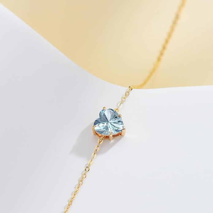 14k Gold Love Heart Gemstone Bracelet for Women,7MM Heart-cut Created Birthstone Anniversary Birthday Mother's Day Bracelets Jewelry for Mom Her 6.5''+2''