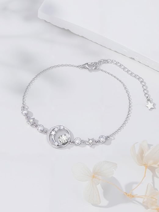 Moon and Star Birthstone Charm Link Bracelet 925 Sterling Silver Moon and Star Bracelet with 12 Months Birthstone Birthday Jewelry Gifts for Women Mom Her,Chain Length 7"+2" Extend