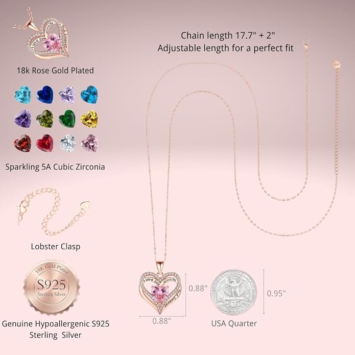 Birthstone Heart Necklace for Women Wife Girlfriend Mom Daughter Gifts S925 Silver Jewelry For Anniversary Rose Gold Gifts For Birthday Christmas Mothers Valentines Day