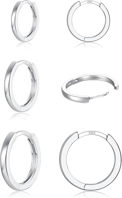3 Pairs 925 Sterling Silver Hoop Earrings 14K White Gold Plated Small Silver Hoops Cartilage Huggie Earrings for Women Men