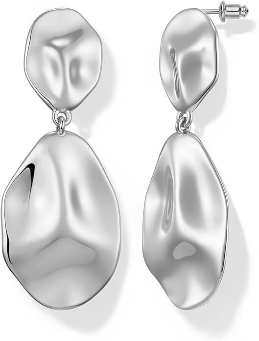 Hefanny Large Hammered Teardrop Dangle Earrings Geometric Chunky Flower Earrings Women's Trendy Statement Jewelry Multiple Styles