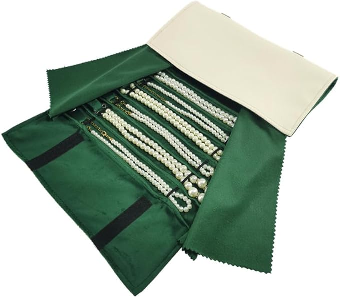 SCIKHEFT Portable Jewelry Roll Untangled Secure Necklace Travel Storage Bag Displays Holder 16 Chain (gray PU and green)