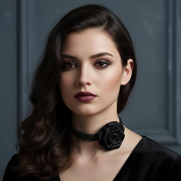Rose Choker Necklace for Women Gothic Floral Crystal Rhinestone Collar Necklace Short Chain Statement Choker Wedding Party Costume Jewelry Gift for Her