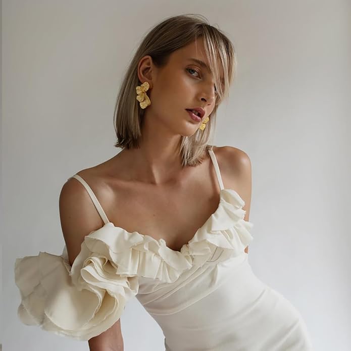 Chunky Gold Statement Earrings For Women Gold Plated Sectored Flower Leaf Shell Angel Wing Earrings Large Stud Earrings Hypoallergenic Earrings