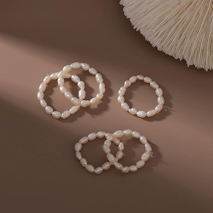 Vintage Boho Cultured Pearl Adjustable Beaded Wrap Ring,Trendy Elastic Freshwater Pearl Rings for Women,Fashion Heart Shell Stacking Rings for Men