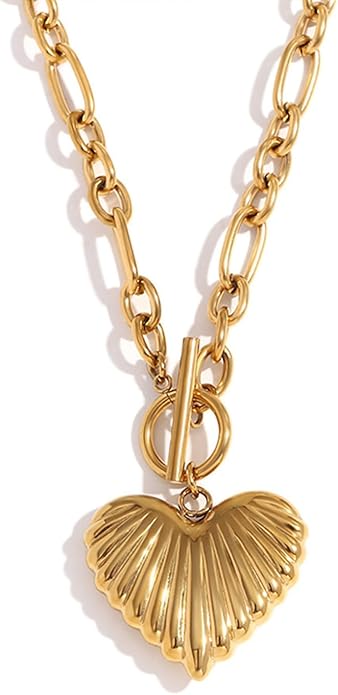 Chunky Gold Heart Necklace for Women,18K Gold Plated Puffy Heart Pendant with Paperclip Chain,Stainless Steel Statement Jewelry Waterproof Jewelry Gift for Chrismas