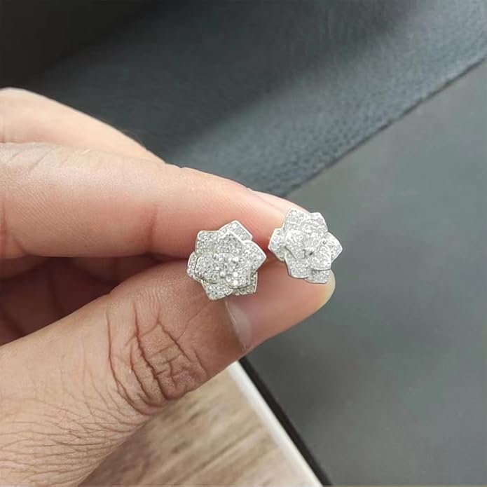 14K Gold 0.5ct D-color Round Cut Brilliant Camellia Diamond Stud Earrings for Women, Great for Gifting on Special Occasions like Engagement (White Gold)