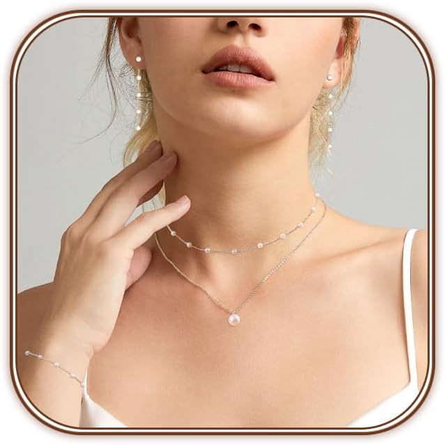 Zeffy Gold Pearl Necklace for Women, Dainty 14K Gold/Silve Plated Layered Pearl Choker Pearl Earrings Pearl Bracelets Wedding Trendy Gold Jewelry Set for Women Gifts