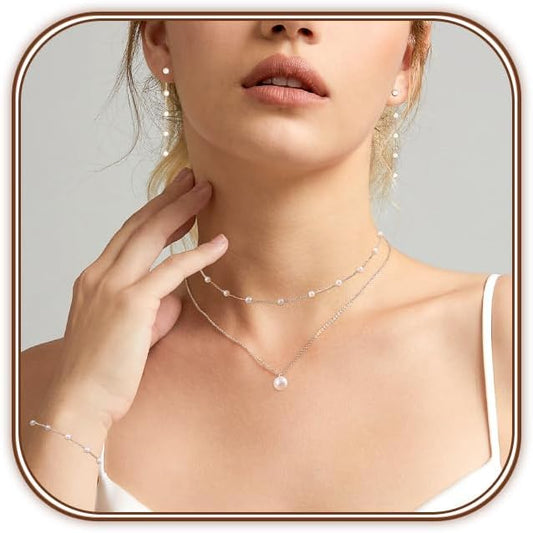 Zeffy Gold Pearl Necklace for Women, Dainty 14K Gold/Silve Plated Layered Pearl Choker Pearl Earrings Pearl Bracelets Wedding Trendy Gold Jewelry Set for Women Gifts
