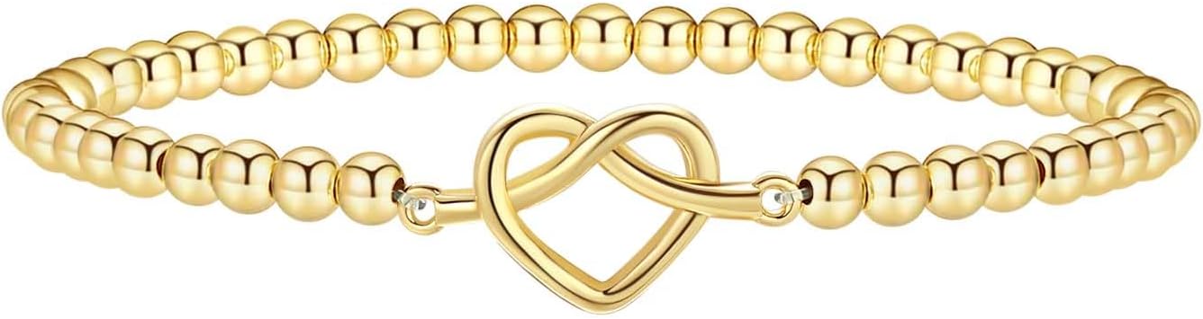 Beaded Bracelet for Women Trendy Stretch Handmade Ball Charm Bracelet Dainty Cross Heart Bow Wave CZ Stackable Jewelry Charm Gifts for Her