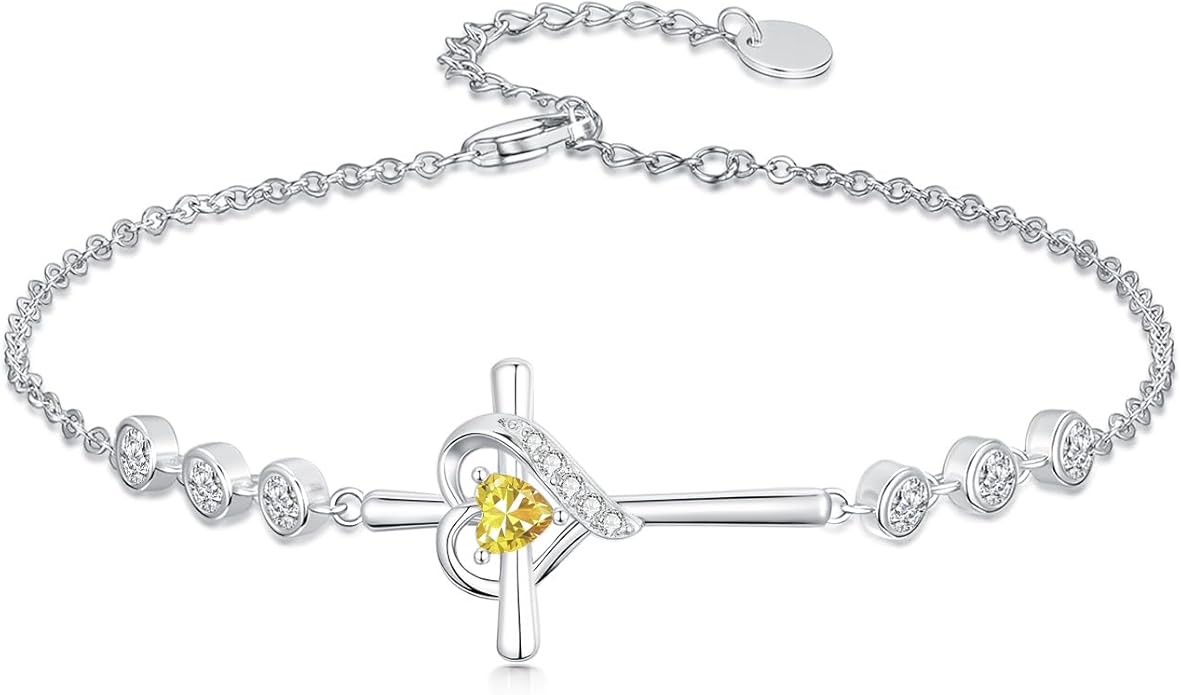 Cross Birthstone Charm Link Bracelet 925 Sterling Silver Cross Bracelet with 12 Months Birthstone Religious Christian Jewelry Gifts for Women Mom Her,Chain Length 7"+2" Extend