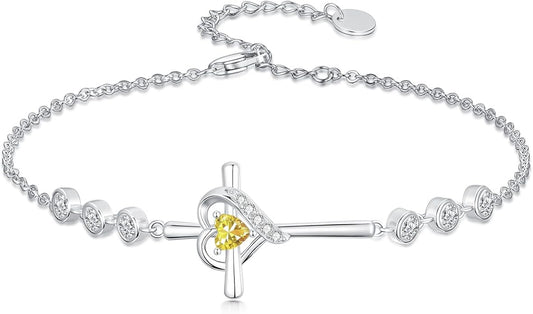 Cross Birthstone Charm Link Bracelet 925 Sterling Silver Cross Bracelet with 12 Months Birthstone Religious Christian Jewelry Gifts for Women Mom Her,Chain Length 7"+2" Extend