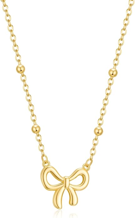 Gold Necklace for Women Dainty Bow Necklace 14K Gold Plated Cute Choker Necklace Small Bow Pendant Charm Necklaces Teen Gift Trendy Stuff Personalized Jewelry Gifts