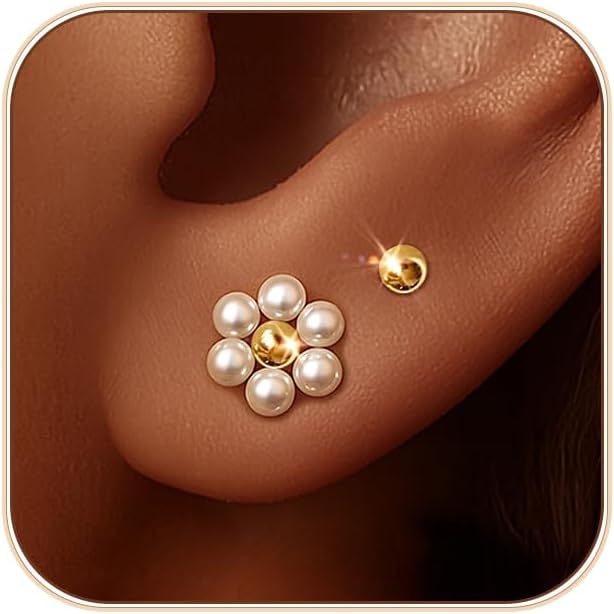 IMBOS Pearl Earrings 14k Gold Plated Daisy Flower Stud Earrings for Women Ball Stud Flat Back Earring Hypoallergenic Statement Earring Trendy Jewelry Gift for Women