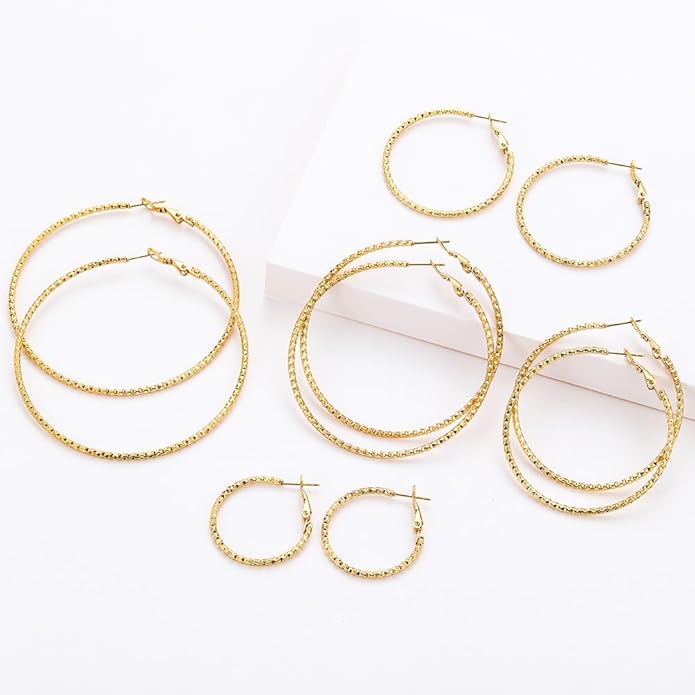 5/10 Pairs Stainless Steel Hoop Earrings for Women Hypoallergenic Large Small 14K Gold Plated Starry Sky Filigree Hoops Silver Plated Hoop Earring Pack Lightweight Fashion Earrings Set