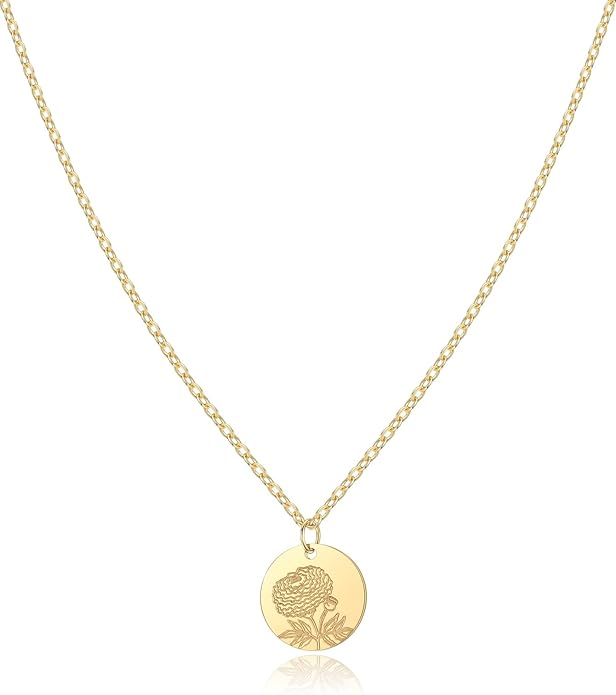 Birth Flower Necklace, 14K Gold Plated Floral Pendant Necklaces for Women, Simple Dainty Birth Month Flower Necklace, Birthday Jewelry for Women - 12 Month