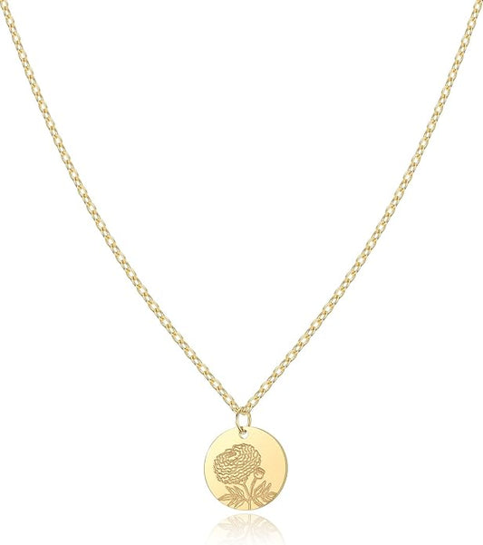 Birth Flower Necklace, 14K Gold Plated Floral Pendant Necklaces for Women, Simple Dainty Birth Month Flower Necklace, Birthday Jewelry for Women - 12 Month
