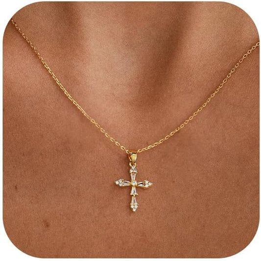 VIROMY Gold Cross Necklace for Women - Dainty Diamond Cross Pendant Necklaces Non Tarnish Waterproof Necklace Simple Choker Minimalist Jewelry