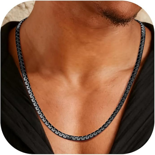 Richsteel Stainless Steel Mens Flat Link Chain Necklace, Black/Gold/Steel Chain for men, 2mm/4mm/6mm Width, No Tarnish & Hypoallergenic Hip Hop Jewelry, 18"-30" Length