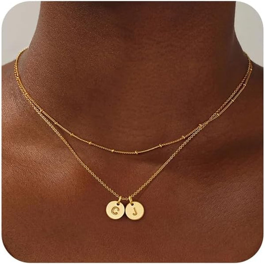 Turandoss Gold Initial Necklaces for Women - Dainty 14K 14K-Gold-Plated Layered Two Letter A-Z Stack Disc Initial Necklace Trendy, Birthday Personalized Gifts for Women Teen Girls Jewelry