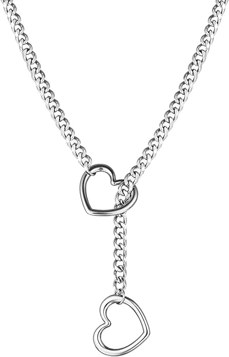 Heart Y-Necklace for Women Stainless Steel Heart Slip Chain Necklaces Adjustable Punk Gothic Cuban Collar Choker Fashionable Holiday Birthday Jewelry Gifts