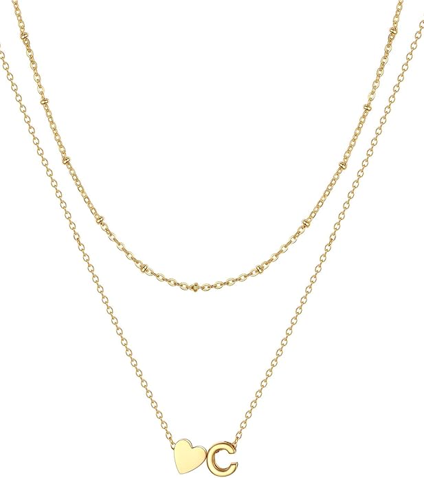 FOCALOOK Layered Initial Necklace for Women, 14K Gold Plated Choker Necklaces Stacks with Initial A-Z, Dainty Silver Heart Pendant Necklace Personalized Birthday Women Jewelry