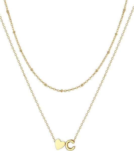 FOCALOOK Layered Initial Necklace for Women, 14K Gold Plated Choker Necklaces Stacks with Initial A-Z, Dainty Silver Heart Pendant Necklace Personalized Birthday Women Jewelry