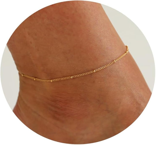 Ankle Bracelets for Women Dainty 18K Gold Plated Anklet Waterproof Round Beaded Paperclip Herringbone Pearl Chain Anklets Waterproof Beach Foot Jewelry