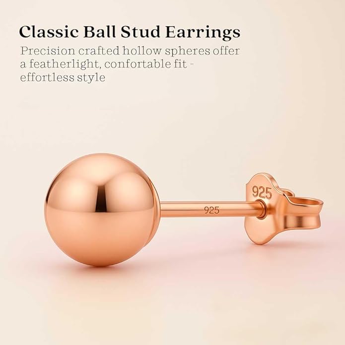KEZEF Sterling Silver Ball Stud Earrings Hypoallergenic Earrings for Women | Available in Sterling Silver, Rose Gold, or 14K Gold Plated Silver (2mm-10mm)
