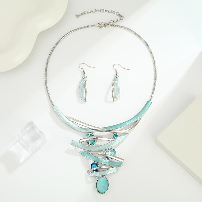 Chunky Statement Jewelry Set Vintage Retro Leaf Flower Floral Geometric Bohemian Boho Bib Necklace Earring Set Fashion Costume Jewelry for Women Girls Wedding Party Prom Unique Gift