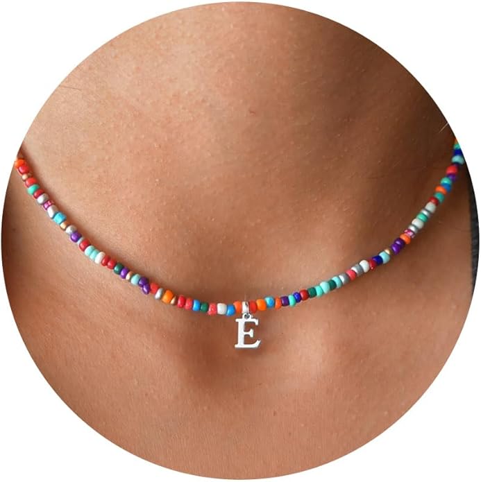 Yoosteel Colorful Beaded Initial Necklaces for Girls Gifts - Cute Choker Necklace for Kids Jewelry A-Z Initial Necklaces for Women Personalized Birthday Gifts for Teenage Girls