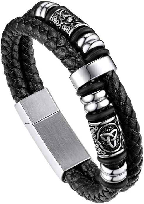Bandmax Mens Black Double Wax Rope Cuff Bracelets Waterproof Stainless Steel Norse Style Celtic Knot Beads Bracelet Wristband Gift for Men