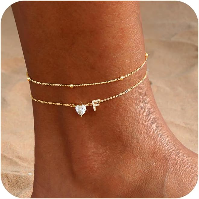 CAROVO Gold Ankle Bracelets for Women Waterproof 14K Real Gold Plated CZ Initial Anklet for Women Dainty Layered Letter A-Z Heart Ankle Bracelets Handmade Adjustable Anklet Summer Beach Jewelry