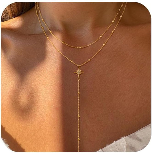 Lariat Necklaces for Women - Dainty Long Necklace Trendy 14K Gold Plated Hypoallergenic Layered Long Y-Shape Sunburst CZ T-Bar Pendant Drop Chain Necklace Set for Women Non Tarinsh Jewelry Gift