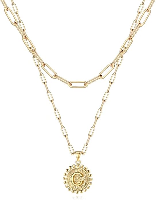 Ursteel Layered Initial Necklaces for Women, 14K-Gold-Plated Dainty Layering Paperclip Chain Necklaces for Women Jewelry