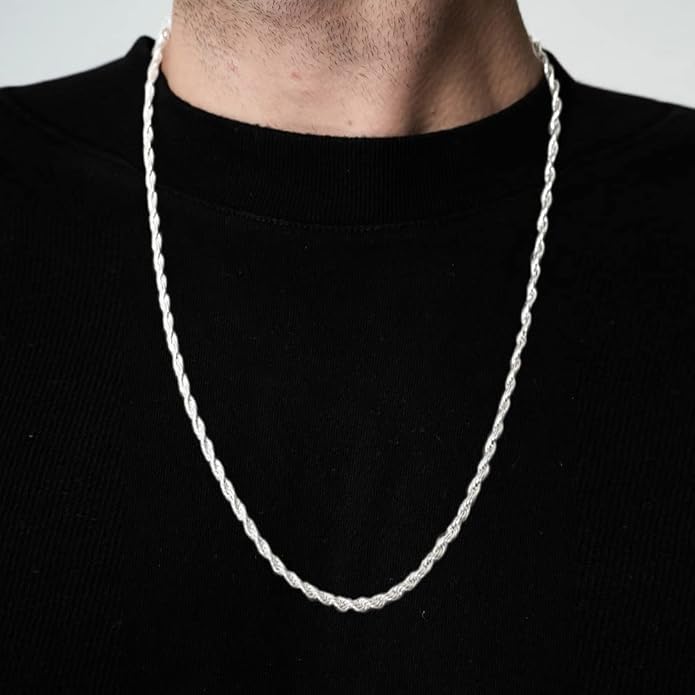 BRIJEWNES 925 Sterling Silver Clasp 2/2.5/3/4/5mm Silver Chain for Men Mens Necklace Rope Chain Necklace Diamond Cut Silver Mens Chain Necklace 16 18 20 22 24 26 28 30 Inches