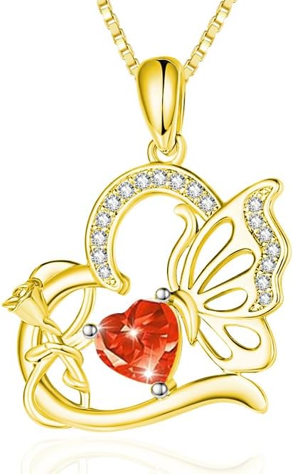 Birthstone Heart butterfly Necklace for Women, Infinity Pendant 14K Gold /18K White Gold Womens Necklaces, Jewelry Anniversary Birthday Christmas Gifts for Her Mom Wife﻿