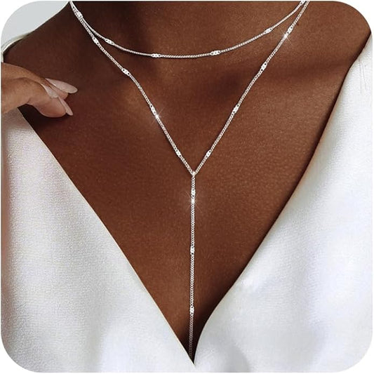 Lariat Gold Necklace for Women Trendy Dainty 14k Gold Plated/Silver Layered Chain Drop Necklaces Y-Shaped Necklace Jewelry for Women Gifts