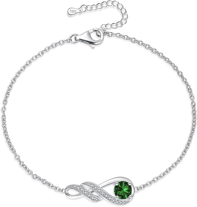 Birthstone Bracelets for Women 925 Sterling Silver Created Gemstone Bracelet Infinity Pendant Jewelry for Her, 6.7"+1.2"