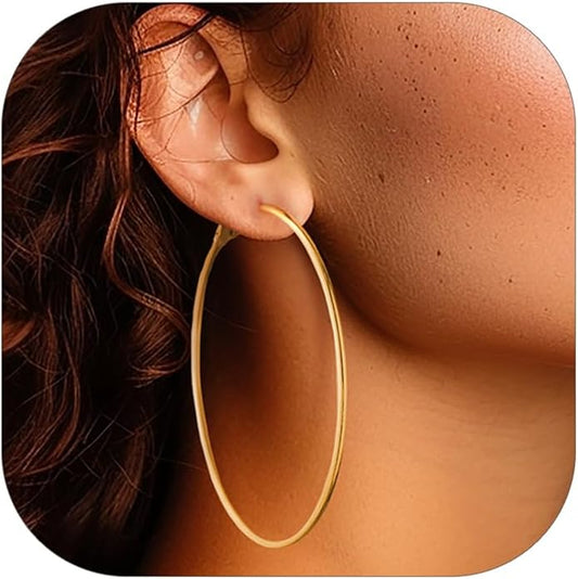 FOCALOOK 14K Gold Plated Lightweight Large Hoops| 2mm Thin Hoop Earrings for Women 30/40/50/70/100mm