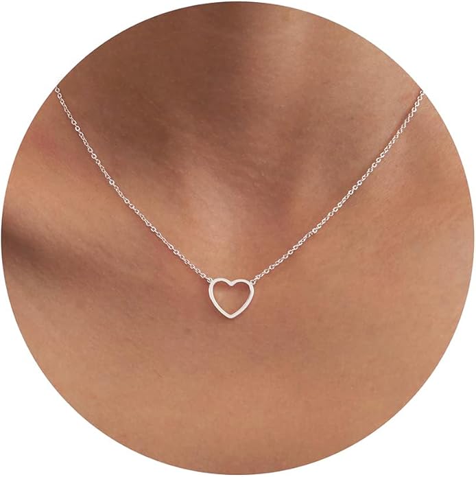 Tewiky Cute Heart Necklace Tiny 14k Gold Heart Pendant Choker Necklaces Small Gold Love Open Heart Chain Necklace for Women Dainty Gold Necklace Gifts for Her