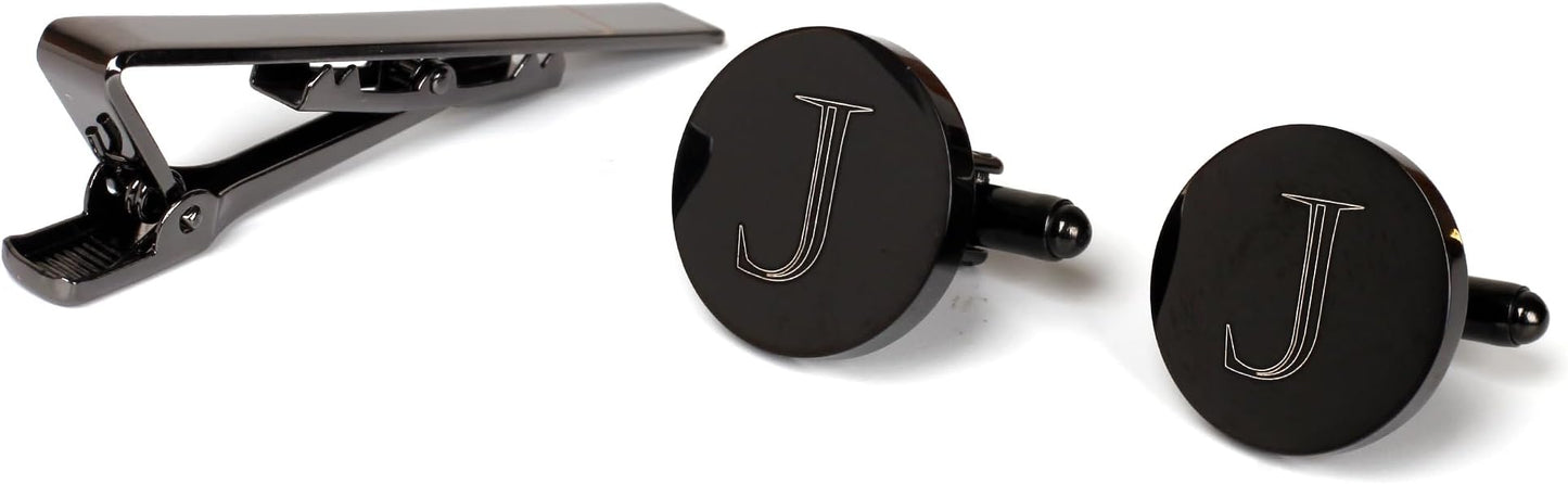 Mens Initial Cufflinks and Tie Clip A-Z Alphabet Letter Black Stainless Cuff Links Tie Bar with Engraved Walnut Wood Box Groom Groomsman Wedding Set