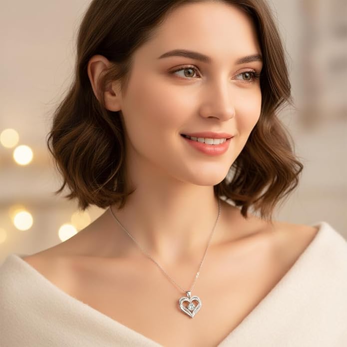 Birthstone Heart Necklace for Women Wife Girlfriend Mom Daughter Gifts S925 Silver Jewelry For Anniversary Rose Gold Gifts For Birthday Christmas Mothers Valentines Day