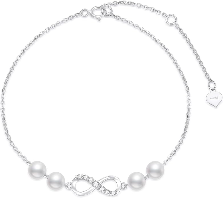 SISGEM 10k Gold Infinity Anklet for Women, Real Freshweter Cultured Pearl and Created Moissanite Love Jewelry Ankle Bracelet for Her, 9.4-11 Inches