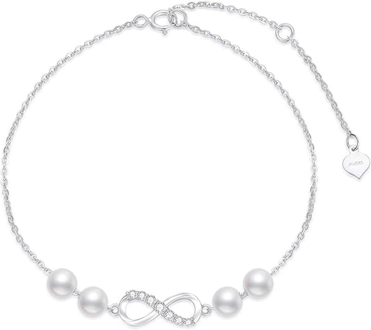 SISGEM 10k Gold Infinity Anklet for Women, Real Freshweter Cultured Pearl and Created Moissanite Love Jewelry Ankle Bracelet for Her, 9.4-11 Inches