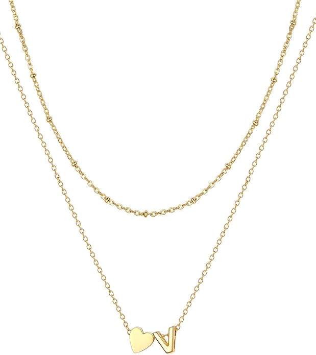FOCALOOK Layered Initial Necklace for Women, 14K Gold Plated Choker Necklaces Stacks with Initial A-Z, Dainty Silver Heart Pendant Necklace Personalized Birthday Women Jewelry