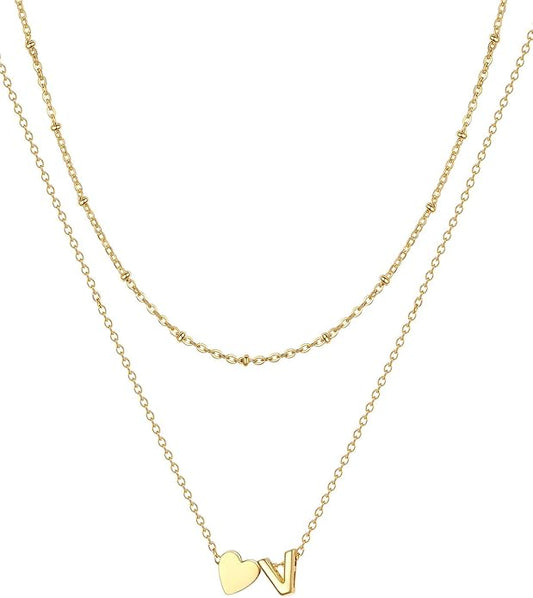 FOCALOOK Layered Initial Necklace for Women, 14K Gold Plated Choker Necklaces Stacks with Initial A-Z, Dainty Silver Heart Pendant Necklace Personalized Birthday Women Jewelry